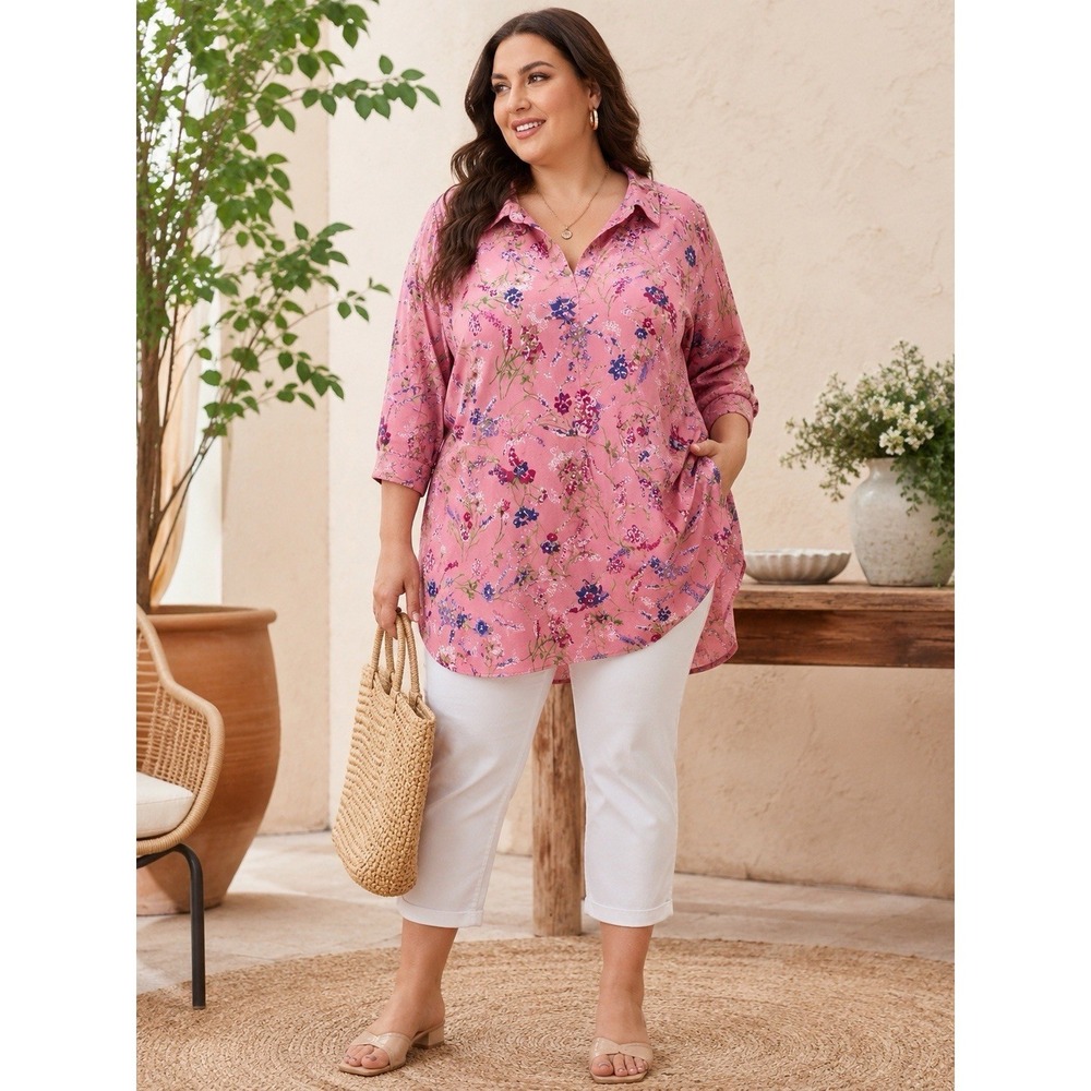 Woman Within Pink Feminine Floral Top 2X Cotton 26/28 Cottagecore Boho RR22